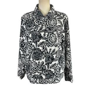 Croft & Barrow Jacket Women Size XL Full Zip Black White Blue Floral Linen Blend